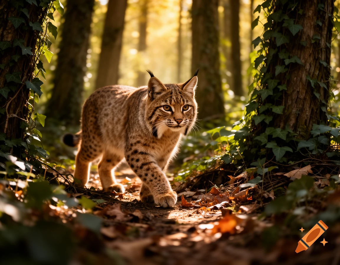 A photorealistic bobcat with spotted fur walks through a sunlit forest, surrounded by trees and fallen leaves.