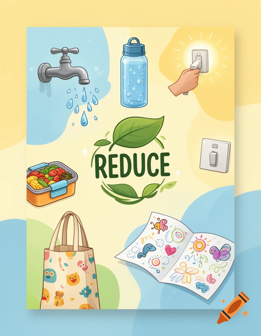 A colorful illustrated poster with the word REDUCE in the center, surrounded by icons of a running tap, a reusable water bottle, a hand turning off a light switch, a lunchbox, a reusable shopping bag, and an open book with drawings.