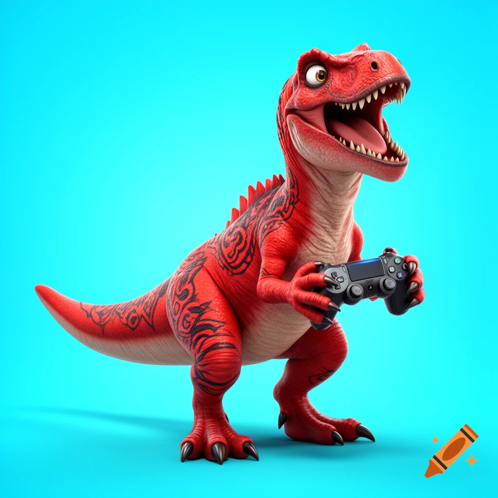A happy red cartoon dinosaur with black tribal patterns holds a black video game controller against a cyan background.