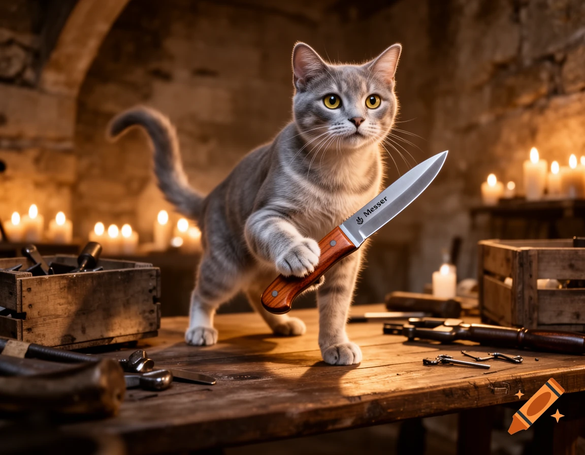 A grey cat holds a knife engraved "Messer" on a table with tools and candles in a dark, candlelit room.