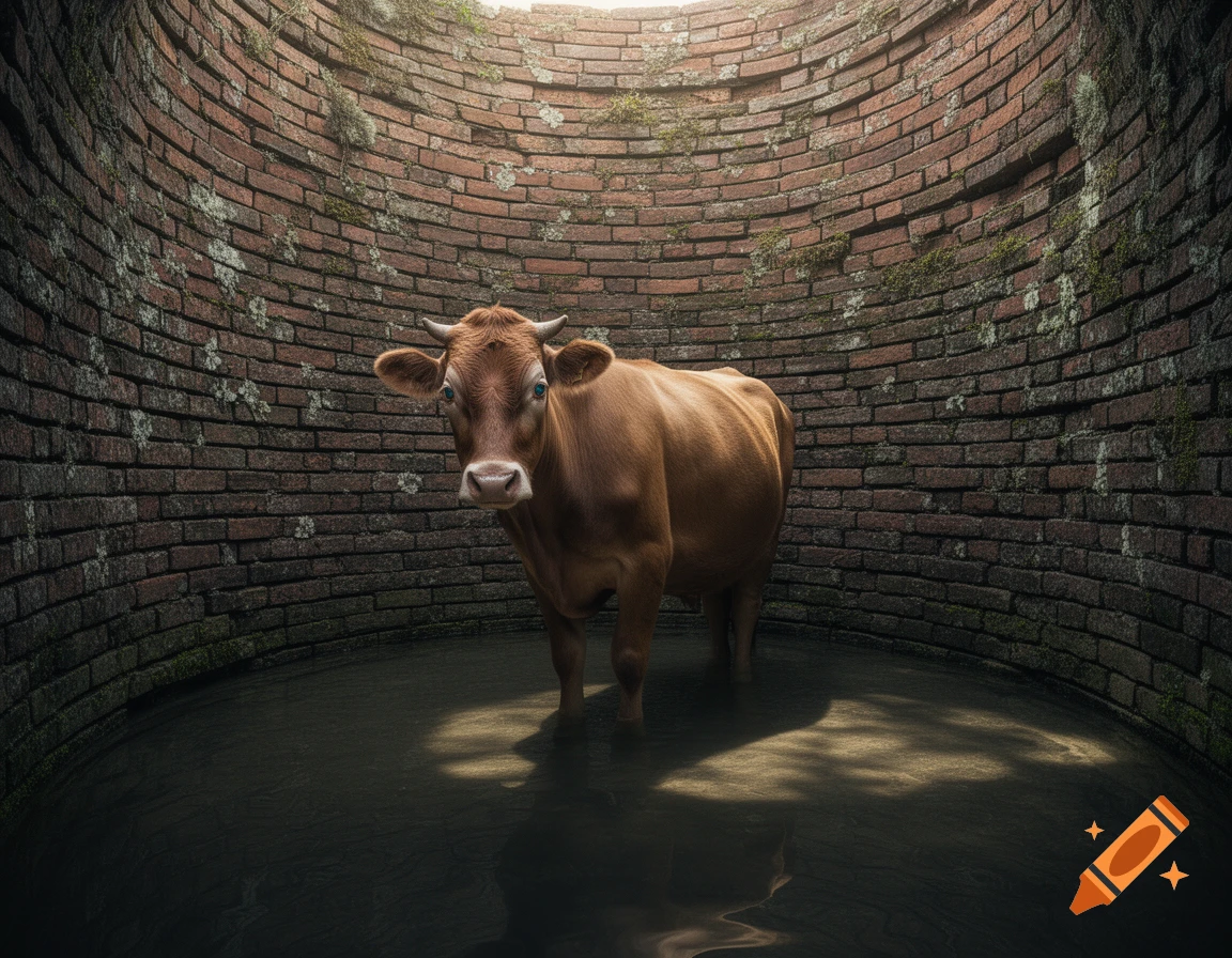 A photorealistic image of a brown cow standing in a dark brick well filled with water, looking upwards.