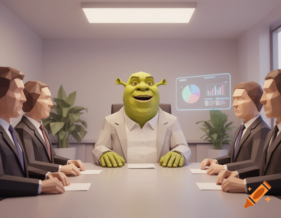 Low-polygon Shrek sits at a long table in a minimalist meeting room, surrounded by low-polygon business people.