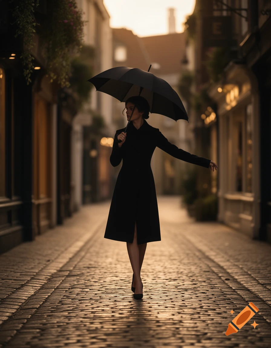 A woman in a black coat walks on a cobblestone street, holding a black umbrella, looking right. Photorealistic.