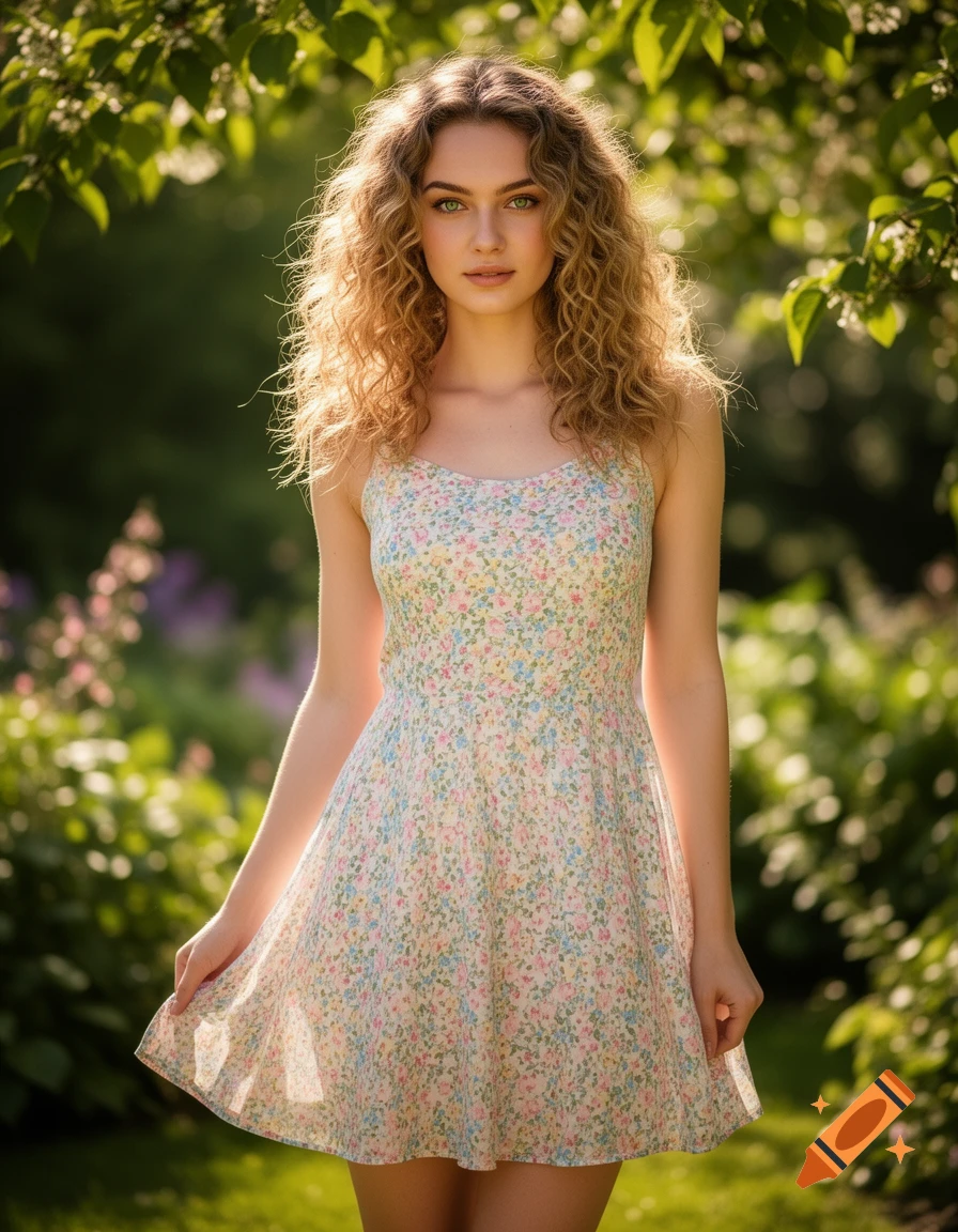 A young woman with curly blonde hair and green eyes in a floral summer dress stands in a sunny garden.