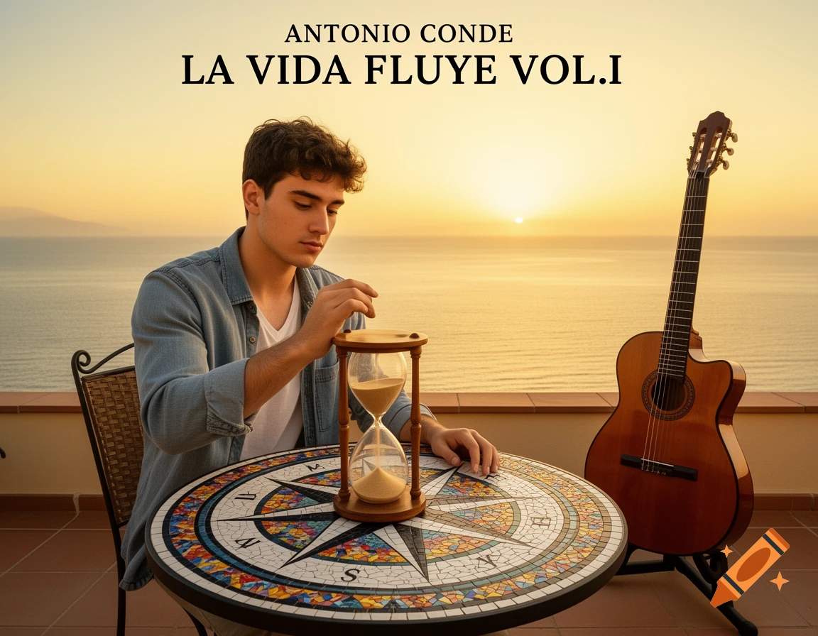 Young man looking at an hourglass on a mosaic table, with a Spanish guitar and a sunset sea view. Text 'Antonio Conde La Vida Fluye Vol.I'.