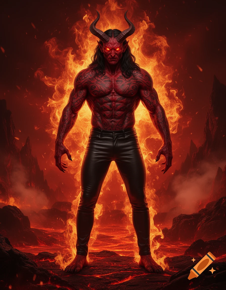 A muscular, red-skinned demon with horns, glowing red eyes, and tribal tattoos stands in a fiery hellscape.