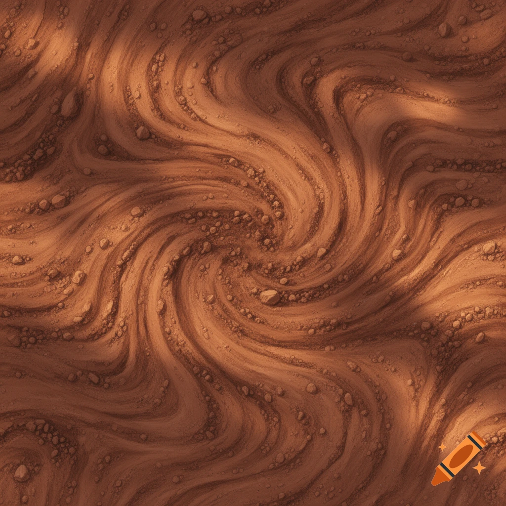 A top-down view of stylized reddish-brown dirt with large swirling patterns and scattered pebbles.