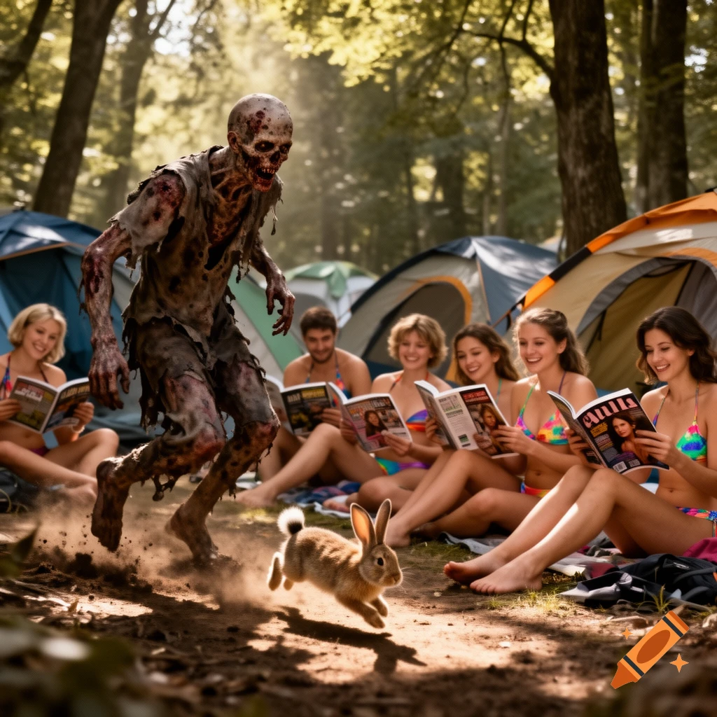 A zombie runs through a campsite past people in bikinis reading magazines, while a rabbit leaps in the foreground.