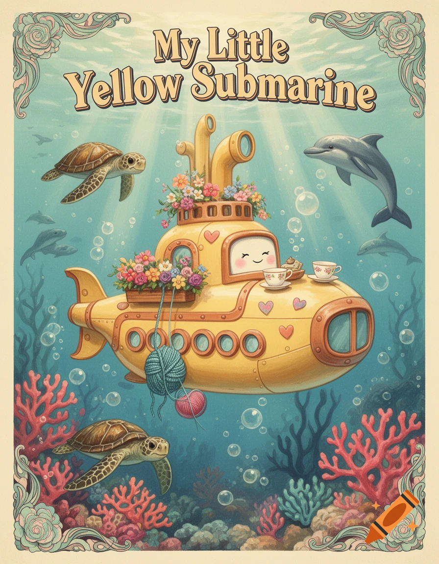 Whimsical illustration of a yellow submarine with flowers, yarn, and teacups underwater with turtles, dolphins, and coral. Text 'My Little Yellow Submarine'.