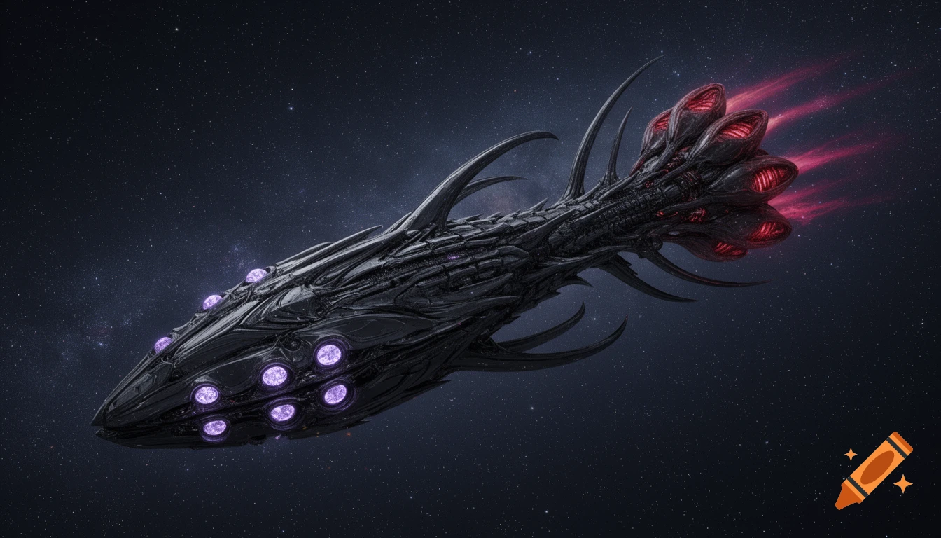 A dark, bio-mechanical starship with glowing purple sensors and red organic thrusters speeds through starry space.
