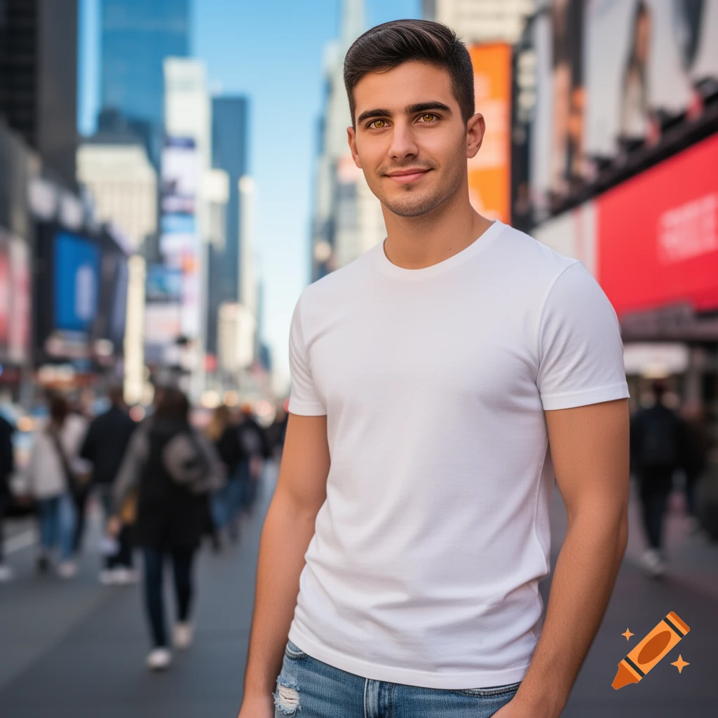 A smiling young man in a white t-shirt and jeans stands in a bustling city street.