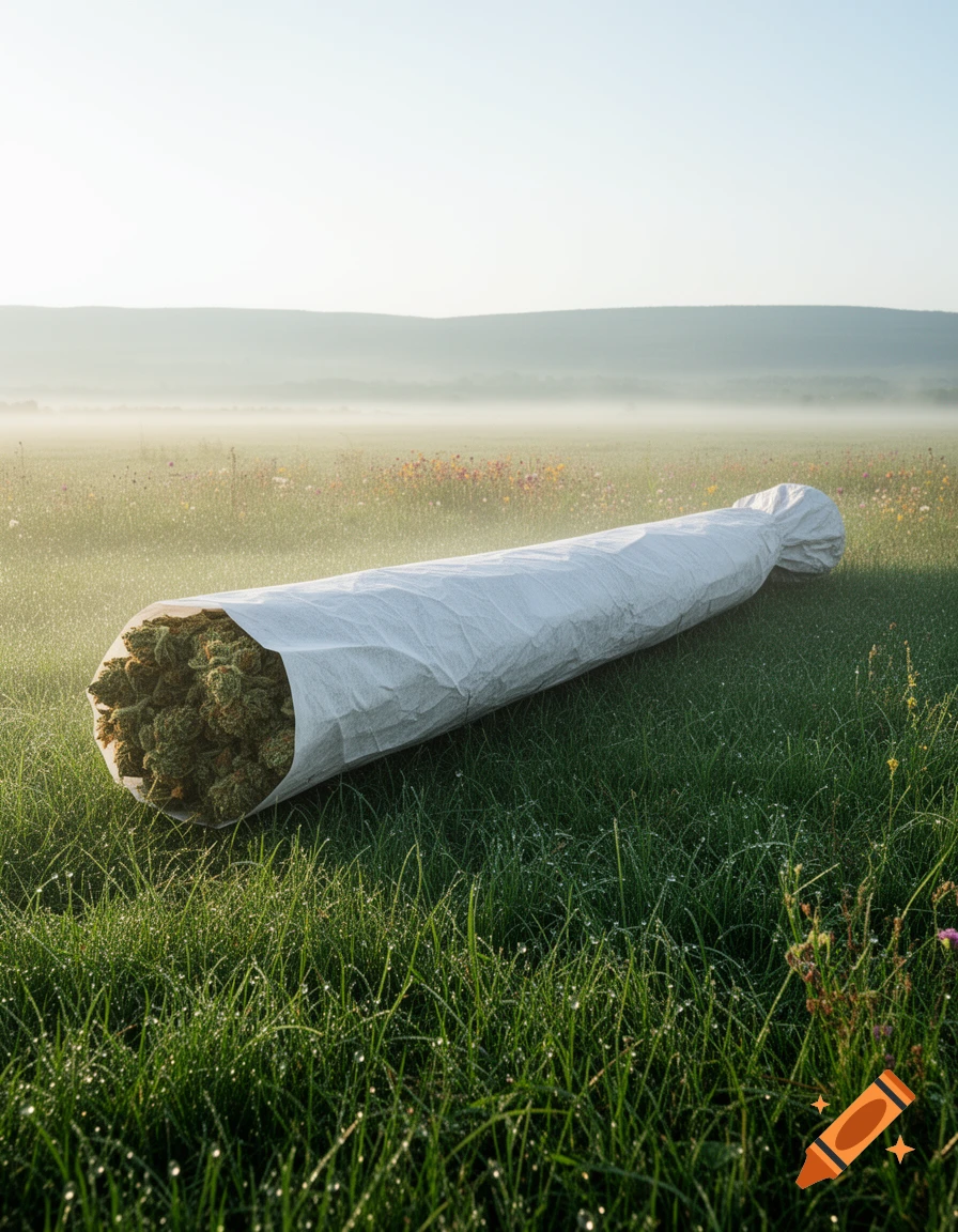 A giant marijuana joint lies in a dewy green field under a misty sky with hills in the background, photorealistic.