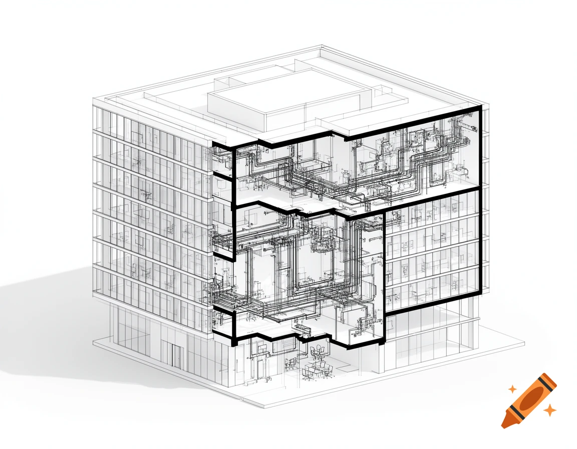 A 3D isometric technical line drawing of an office building with a cross-section revealing its internal electrical and piping systems.