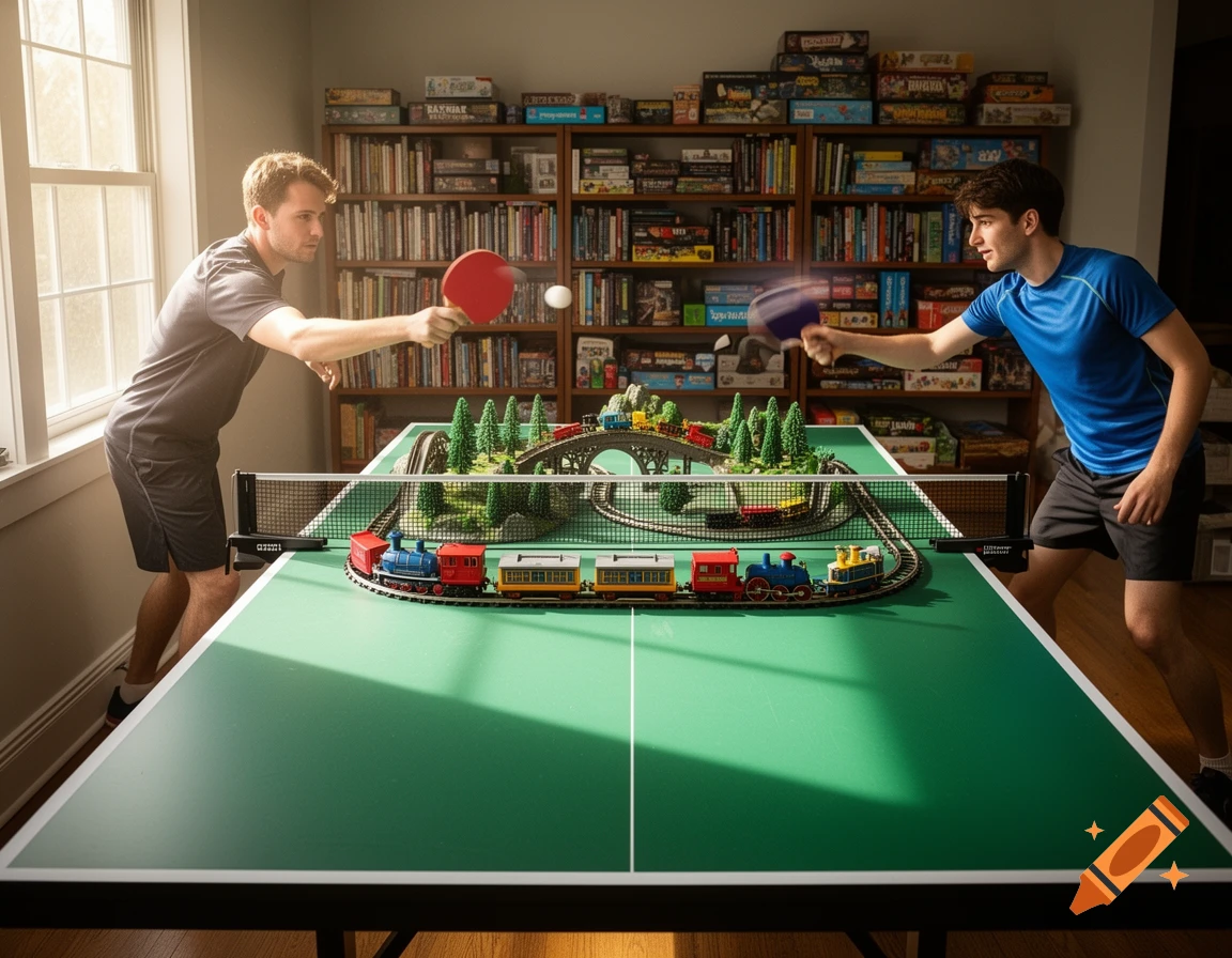 Two men play ping pong on a green table featuring a detailed model train set with miniature trees and bridges, set in a room with a large bookshelf.