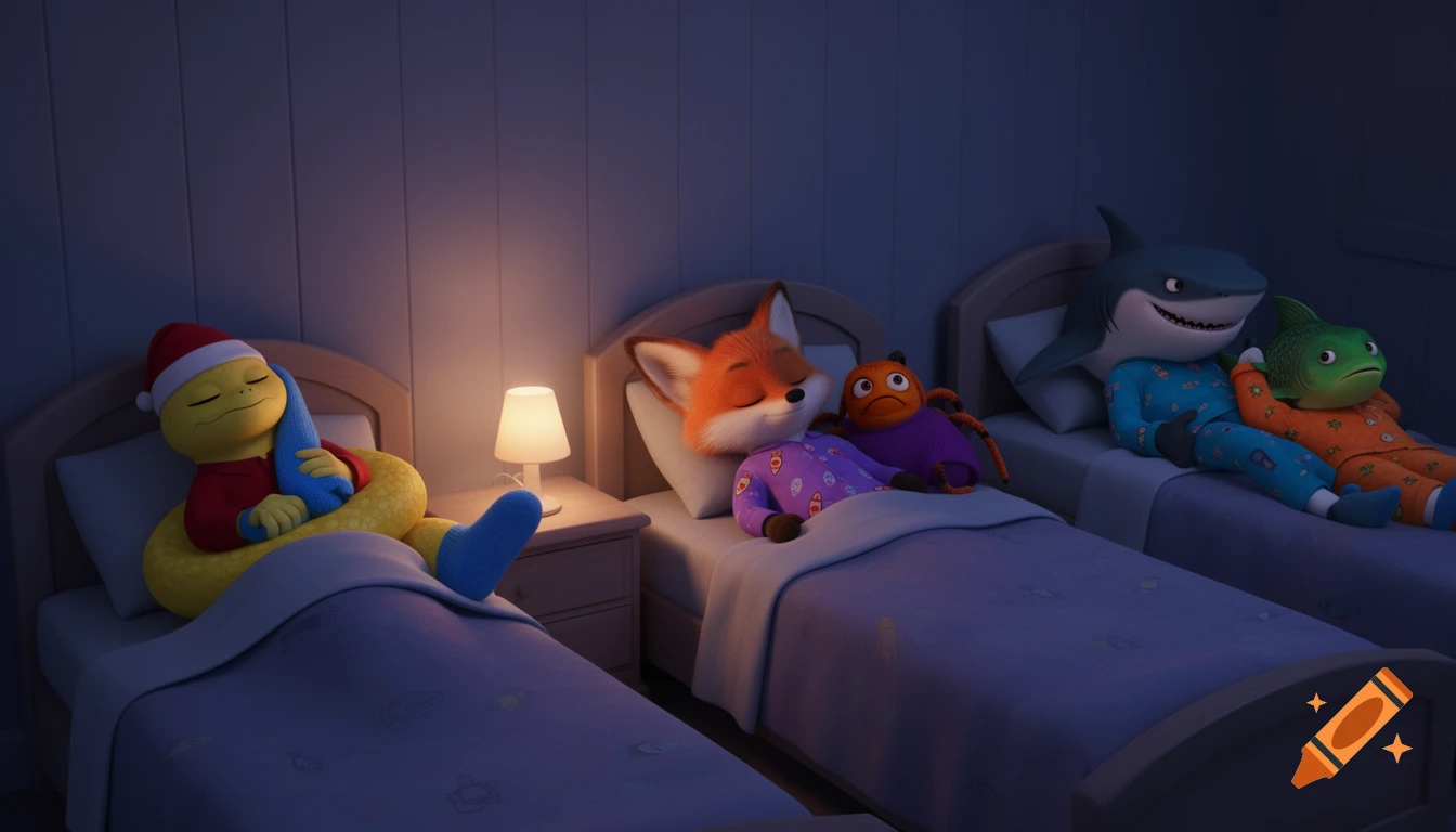CGI animated animal characters asnake, a fox with a toy tarantula, a shark, and a piranha sleep soundly in beds in a dim room.