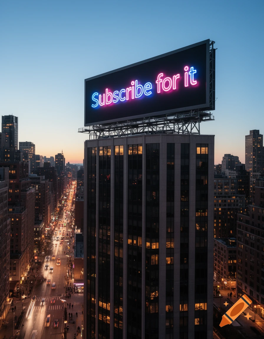 Neon "Subscribe for it" billboard atop a skyscraper in a bustling city at dusk, with glowing streetlights and car trails.