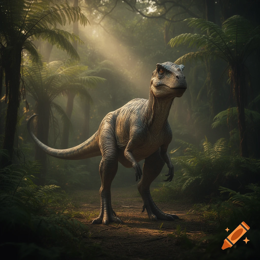 A photorealistic dinosaur stands on a jungle path, bathed in sun rays filtering through dense foliage.