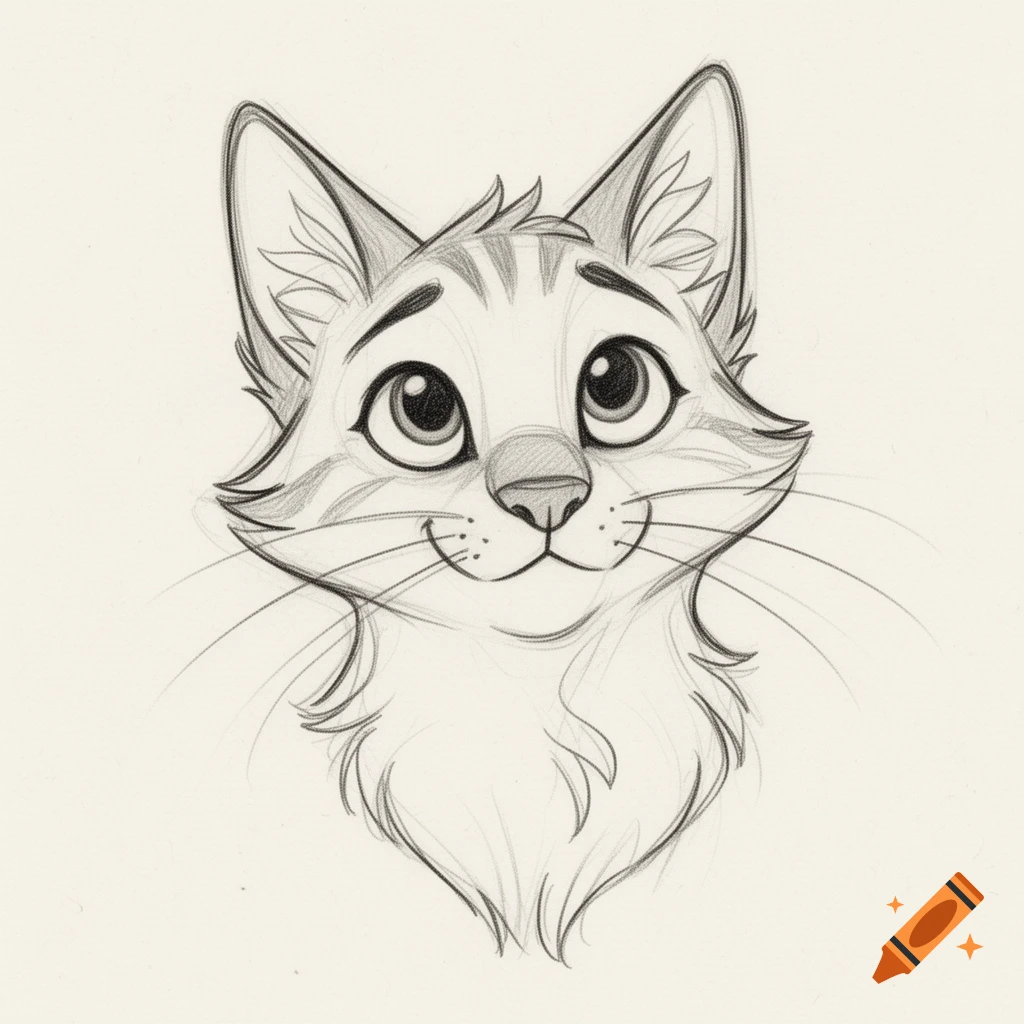 Cartoon pencil sketch of a cat's head with large eyes and a daydreamy expression.