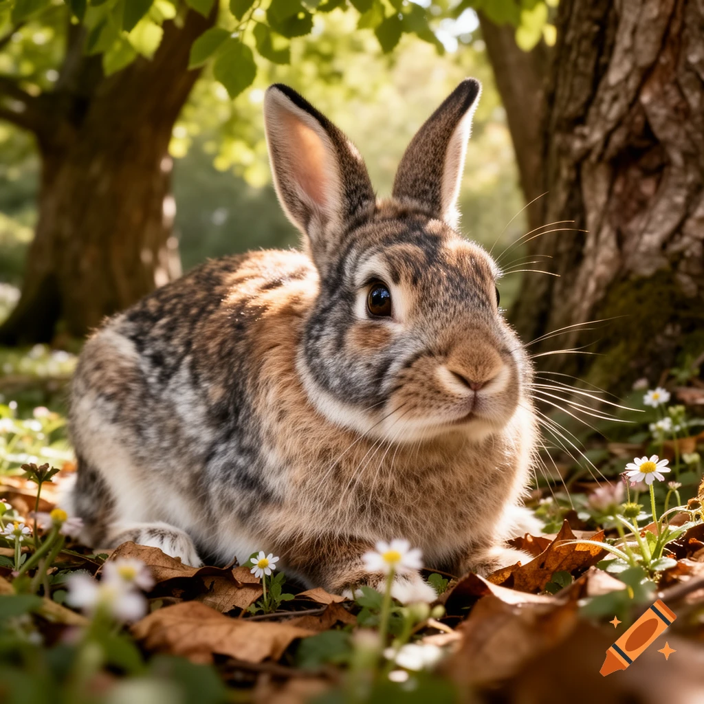 Photorealistic brown and grey rabbit sitting on fallen leaves and small white flowers in a sunlit forest.