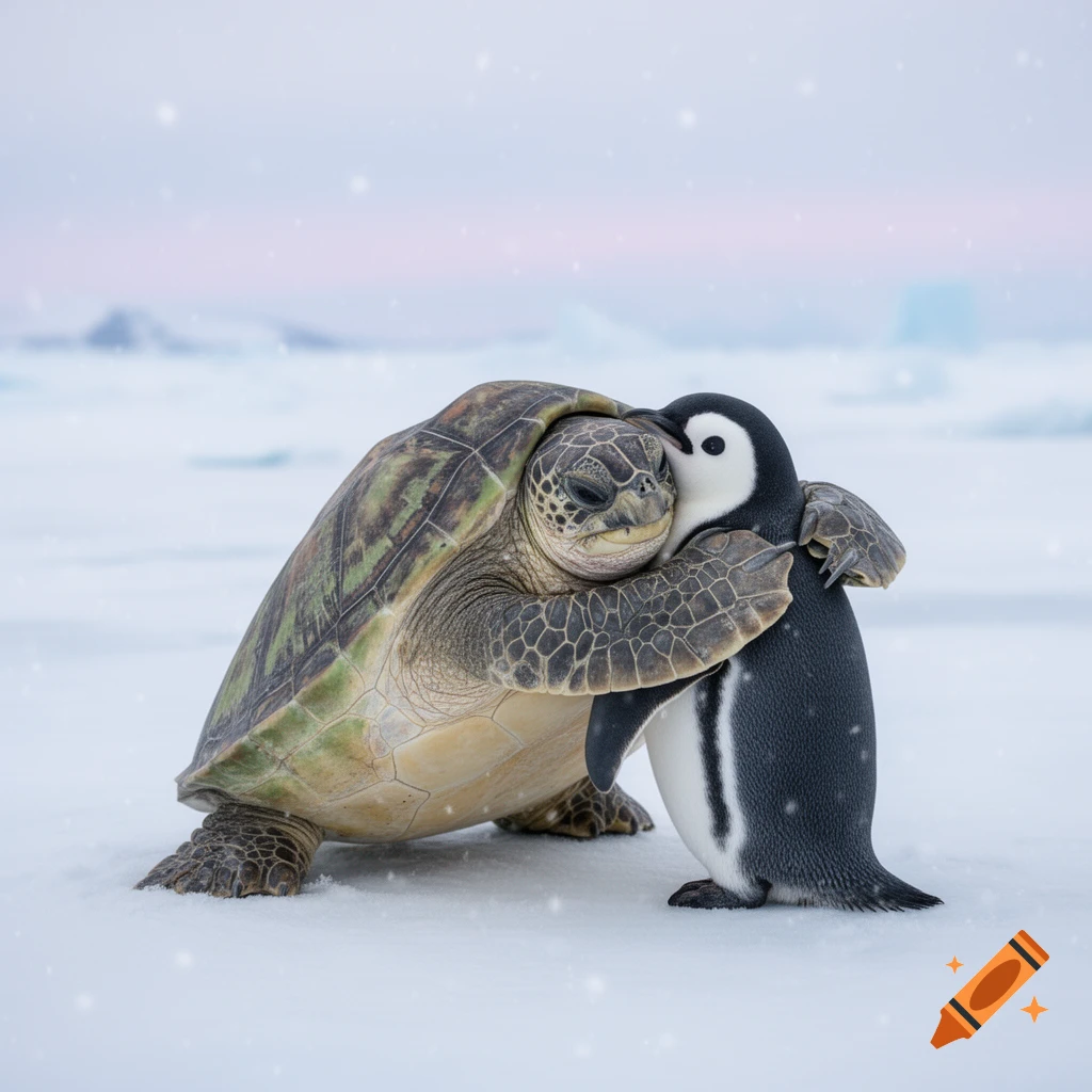 A green sea turtle with a grumpy expression tightly hugs an emperor penguin on a vast snowy plain.