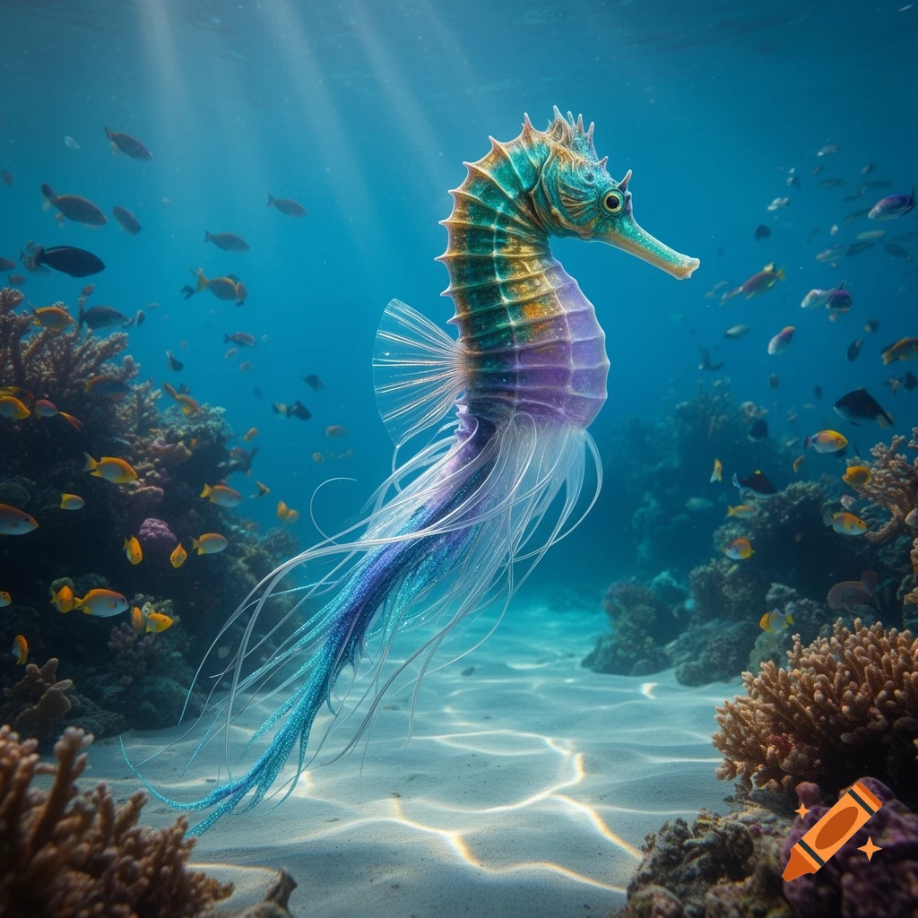 An iridescent seahorse-jellyfish hybrid swims among coral and fish in a sunlit ocean, with long flowing tendrils.