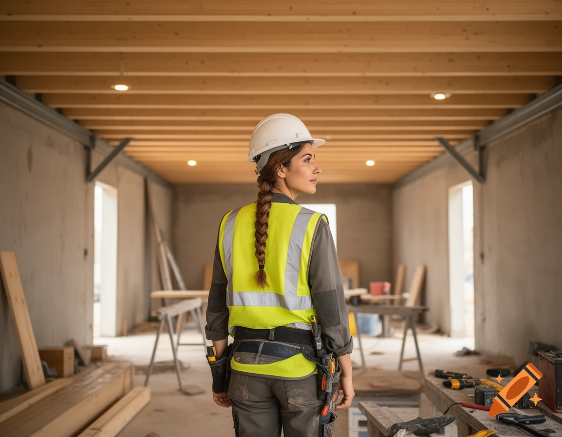 A female construction manager in a hard hat and safety vest stands in a building under construction, looking right.
