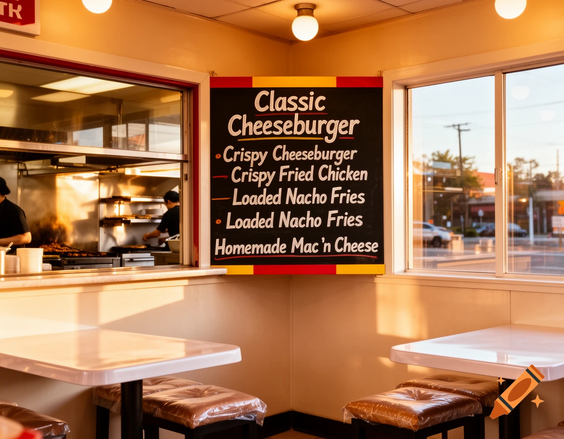 Photorealistic image of a brightly lit fast food restaurant interior with a menu board and kitchen view.