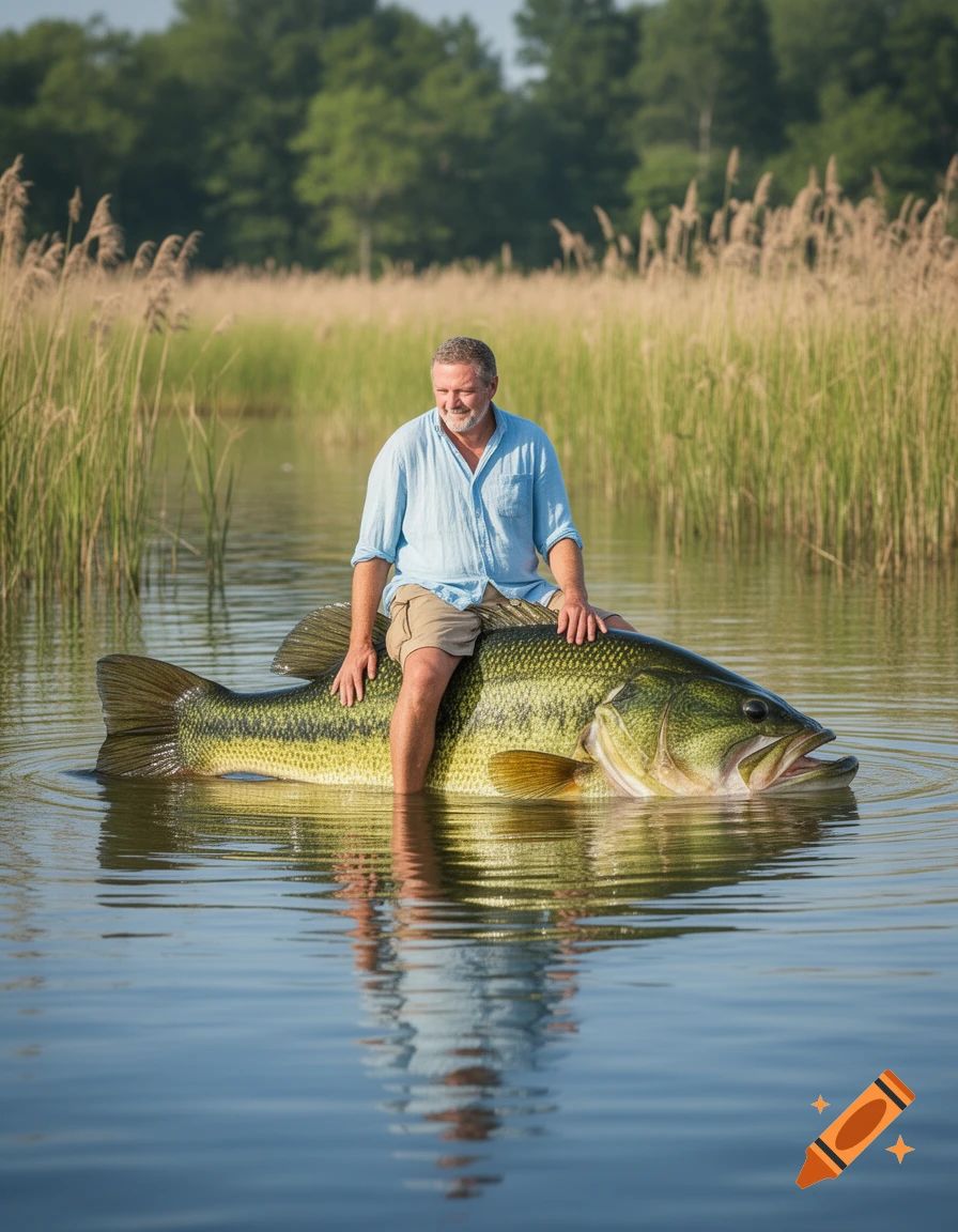 A man in a blue shirt and shorts sits atop a giant bass fish in a calm body of water, surrounded by tall reeds under a clear sky.