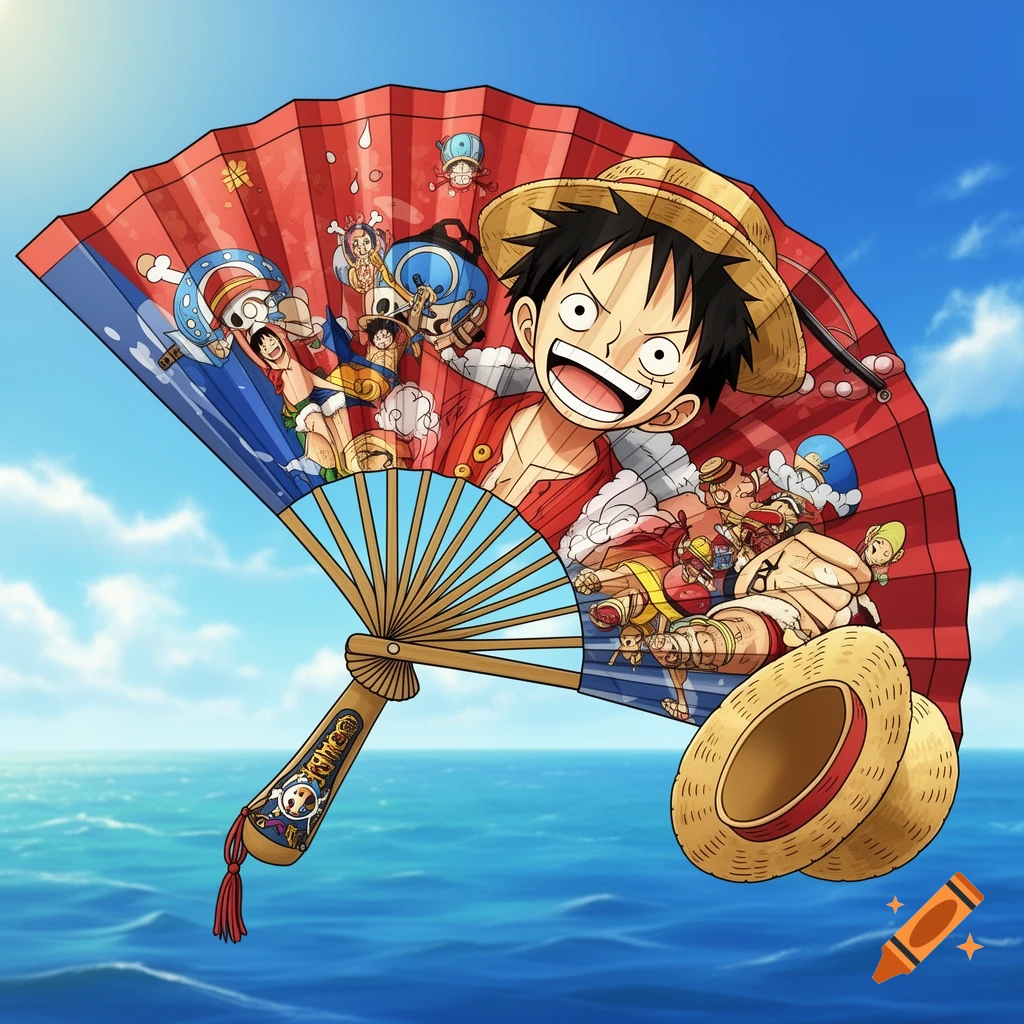 A red and blue folding fan adorned with various One Piece characters, including a large Luffy, floats over a blue ocean and sky.