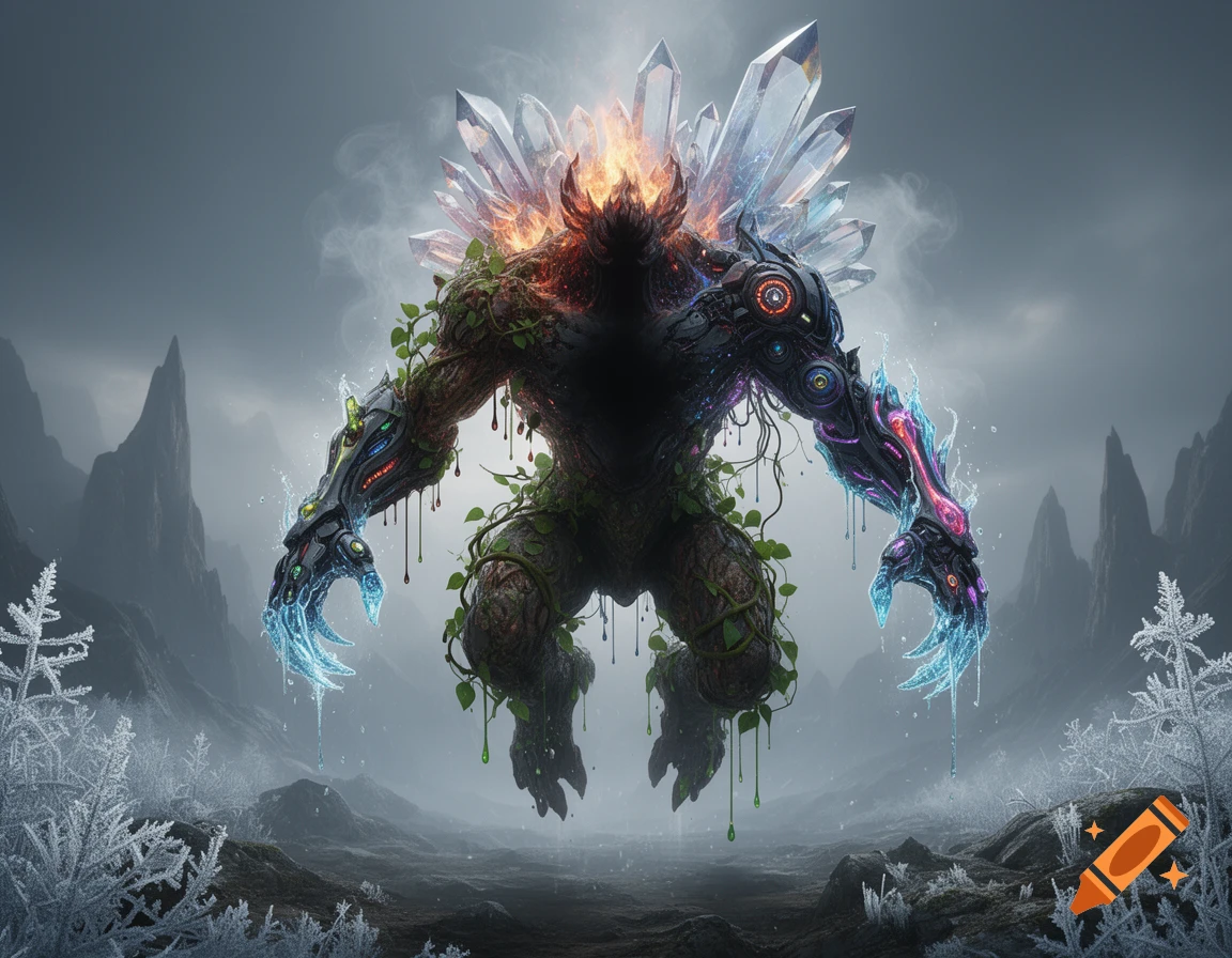 A powerful elemental monster with crystal, fire, plant, and mechanical features floats over a misty, icy mountain landscape.