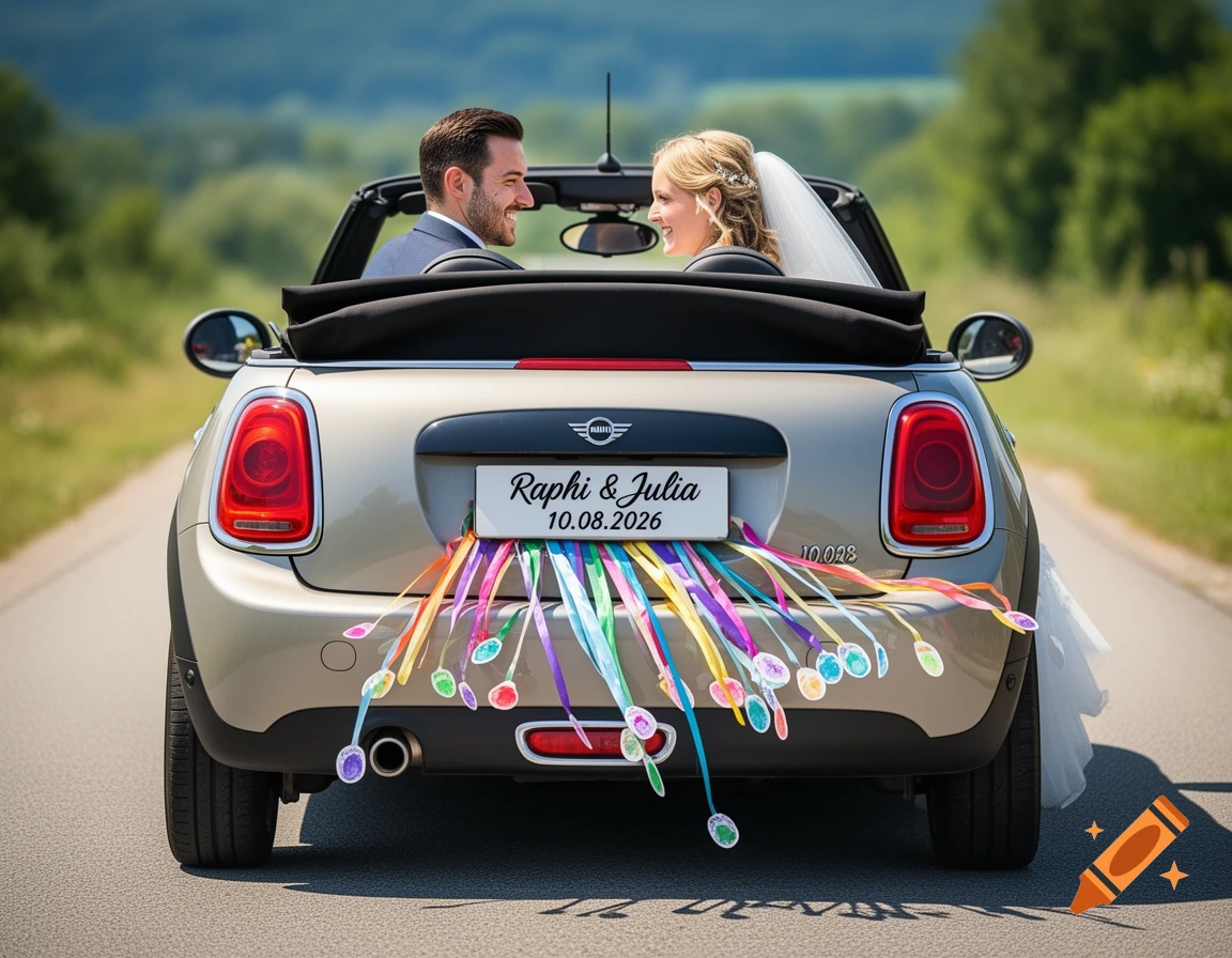 A newlywed couple smiles in a beige Mini Cooper convertible, seen from behind, on a sunny road. Colorful ribbons stream from the car.