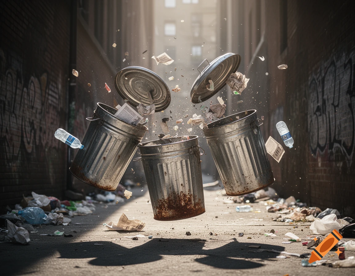 Three metal trash cans, lids flying off, scatter garbage in a grungy city alleyway during daylight.