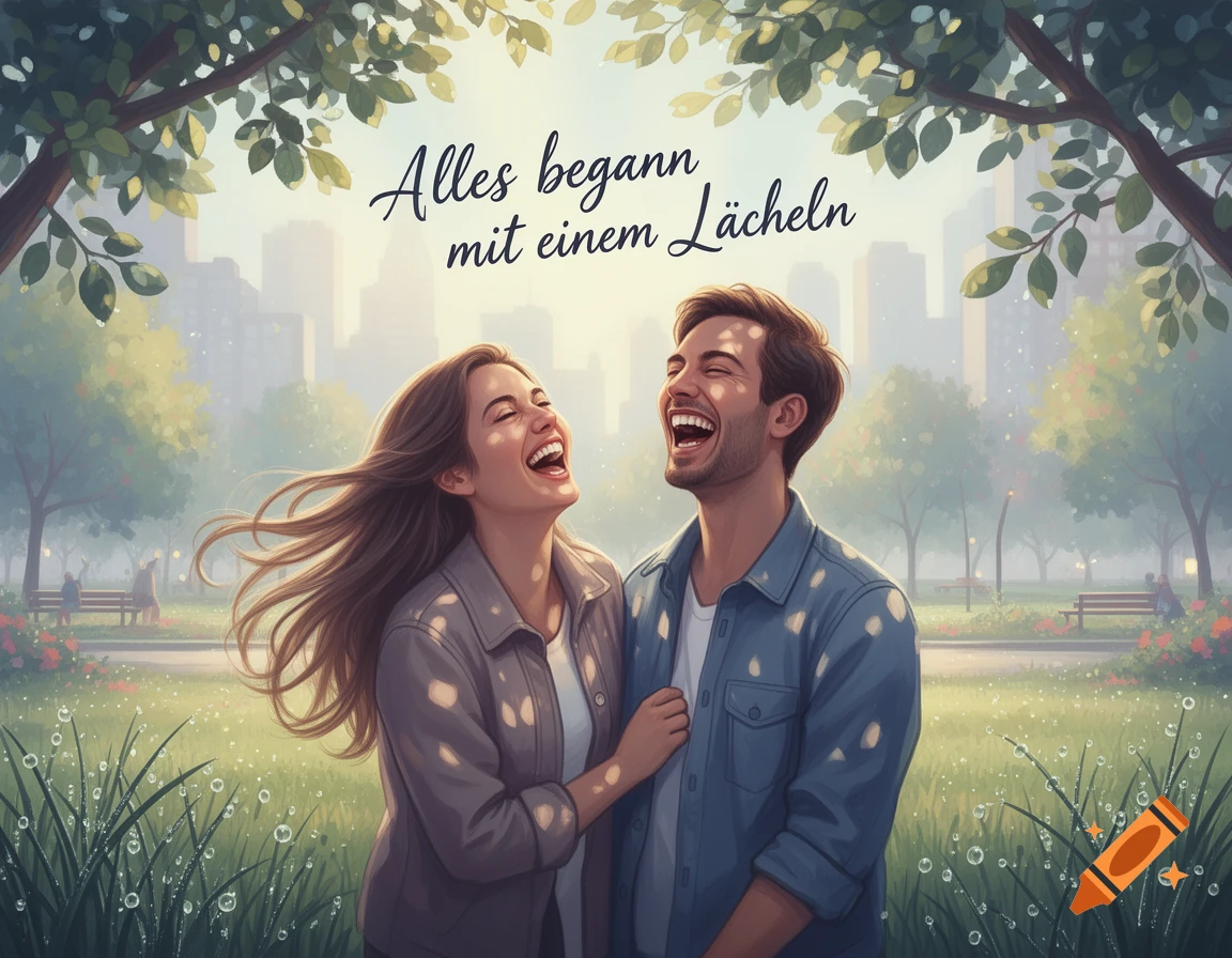 A laughing couple embraces in a city park, with text 'Alles begann mit einem Lächeln' above in an illustration style.