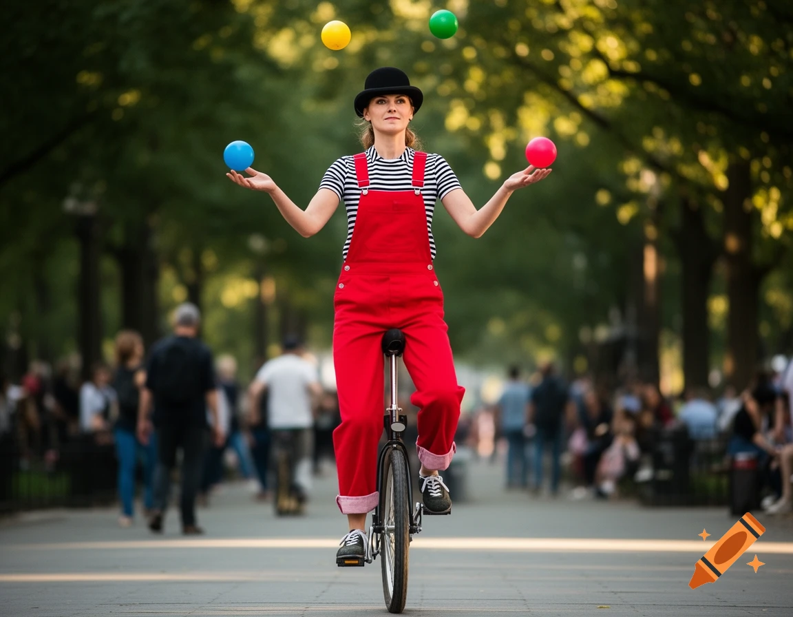 A woman in a striped shirt and red overalls juggles four colorful balls while riding a unicycle on a paved path in a park.