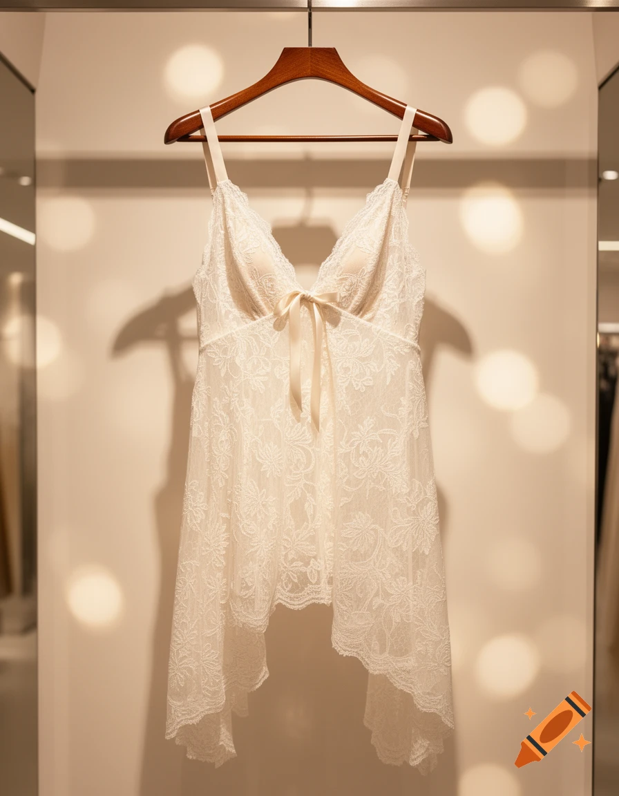 A delicate white lace negligee with a bow detail hangs on a wooden hanger in a retail setting.