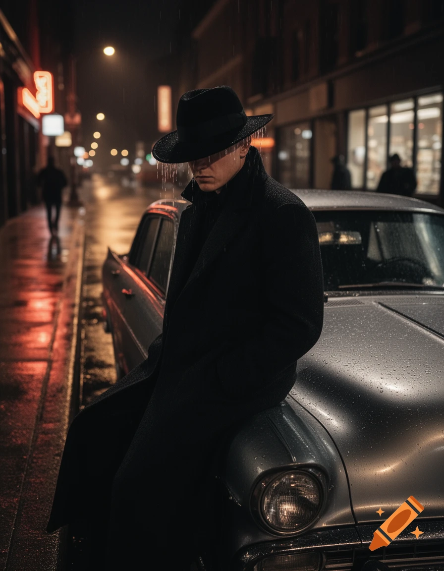 A man in a black coat and fedora sits on a vintage car on a rainy, neon-lit city street at night, looking down.