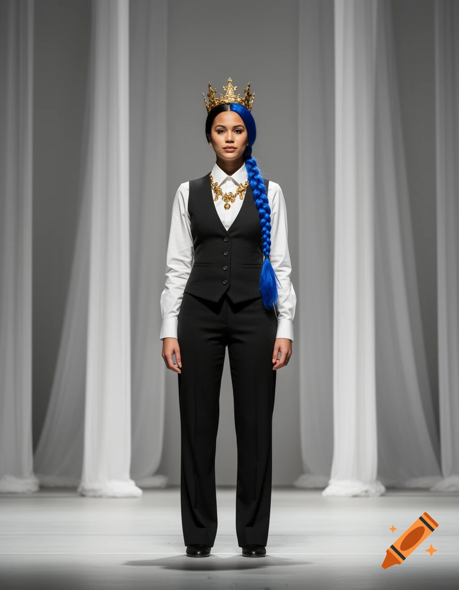 A woman with a gold crown and a long blue braid wears a black vest, white shirt, black pants, and a gold necklace on a stage set.