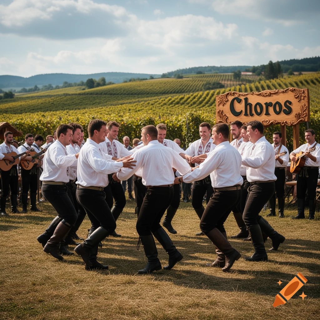 Men in traditional clothing perform a circular folk dance in a vineyard, with musicians and a 'Choros' sign in the background.