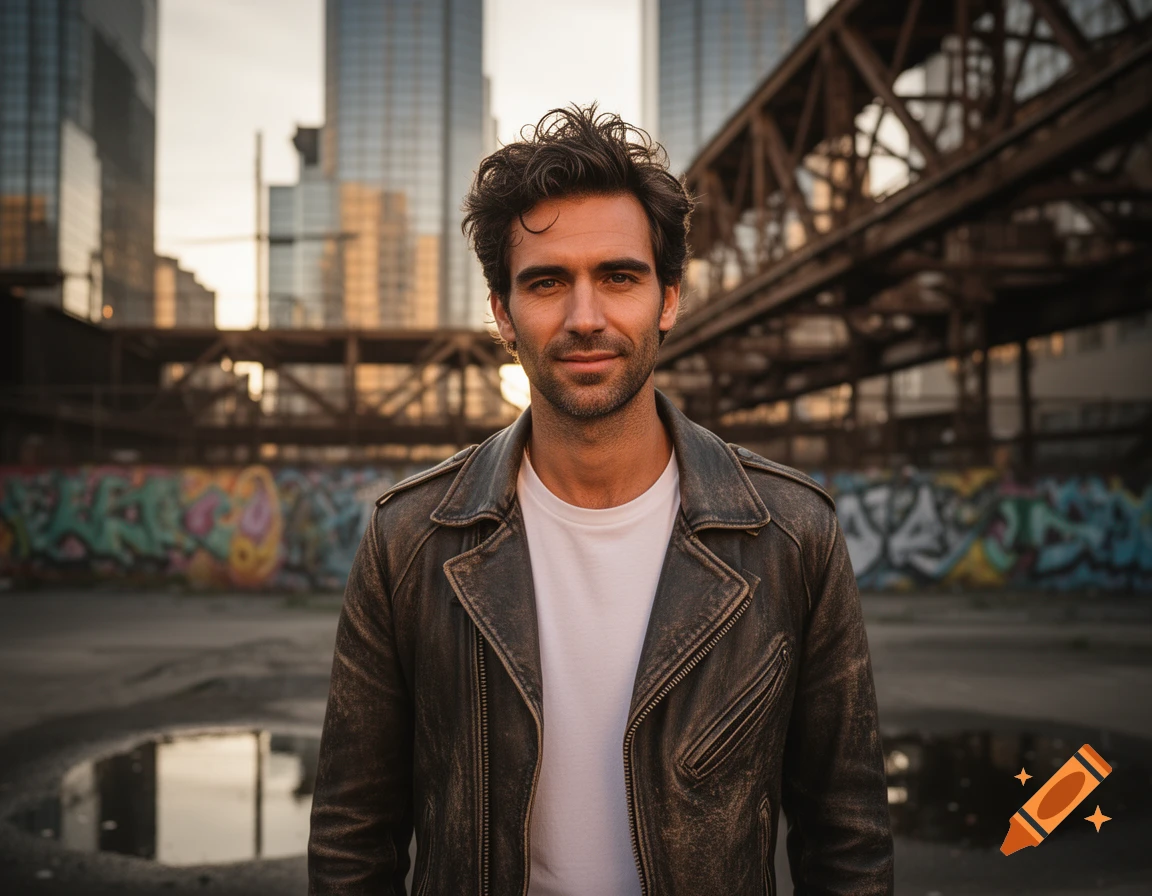 A photorealistic portrait of a man in a leather jacket standing in an urban setting with graffiti and city buildings.