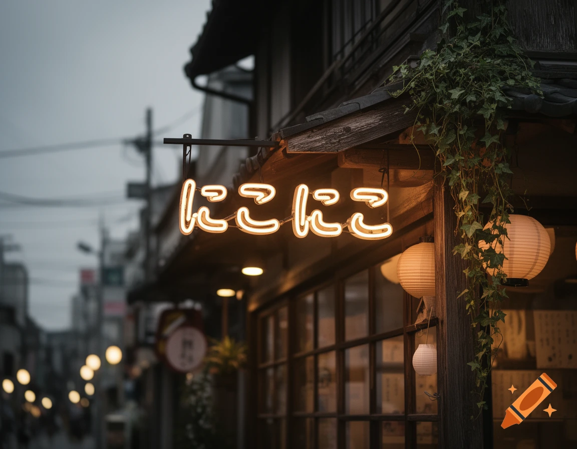 A traditional Japanese building at dusk with a glowing neon sign 'にこにこ' and paper lanterns, ivy draped overhead.
