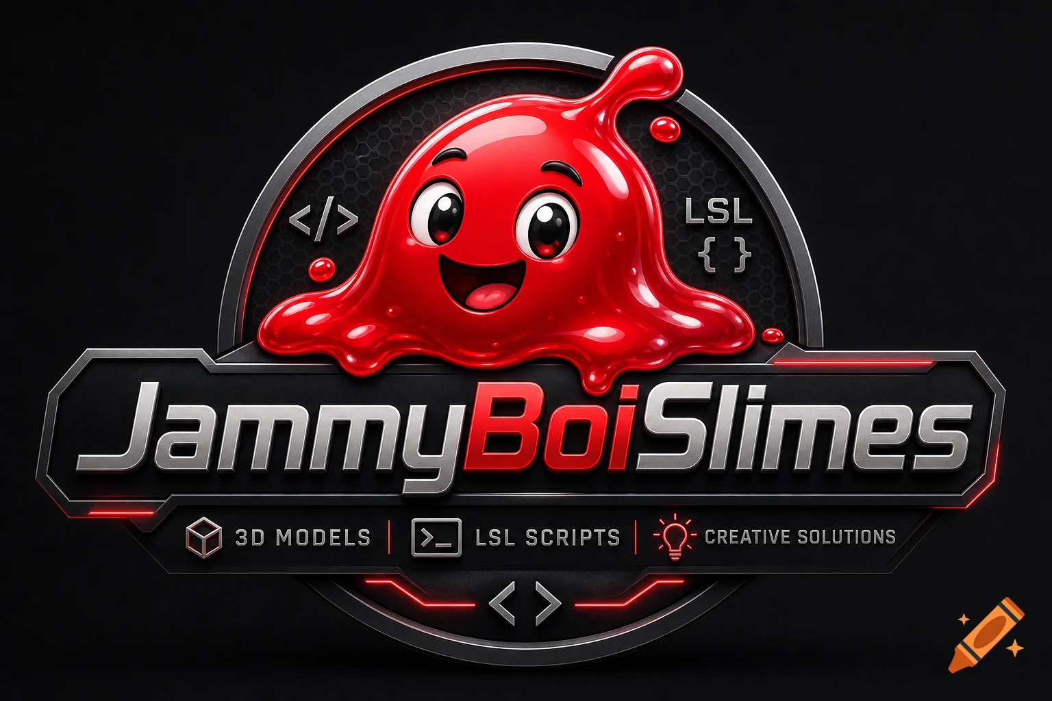 A 3D rendered logo for 'JammyBoiSlimes' featuring a happy red slime character, with text '3D MODELS', 'LSL SCRIPTS', 'CREATIVE SOLUTIONS'.