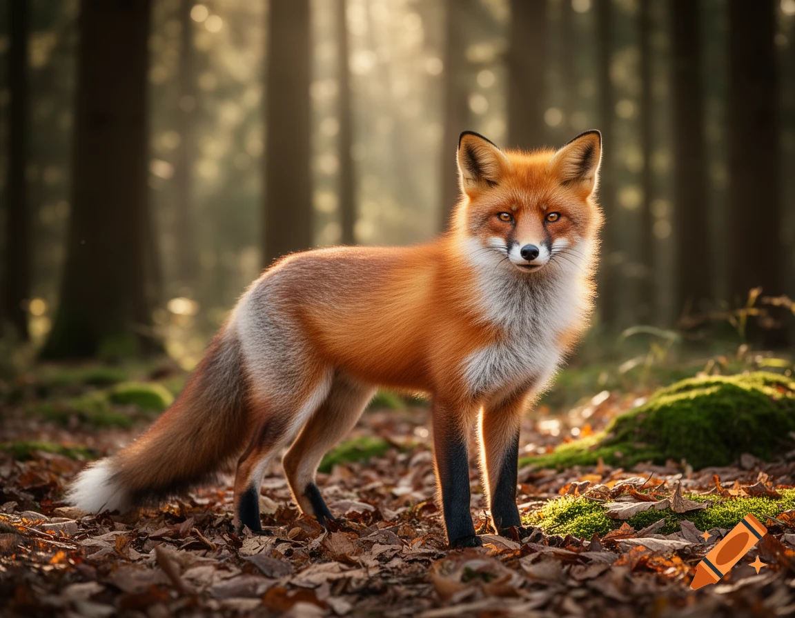 A photorealistic red fox with white and black markings stands in a sun-dappled autumn forest with fallen leaves.