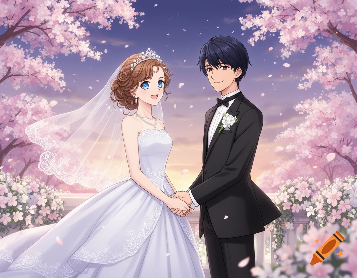 Anime wedding couple holding hands under cherry blossoms at sunset.