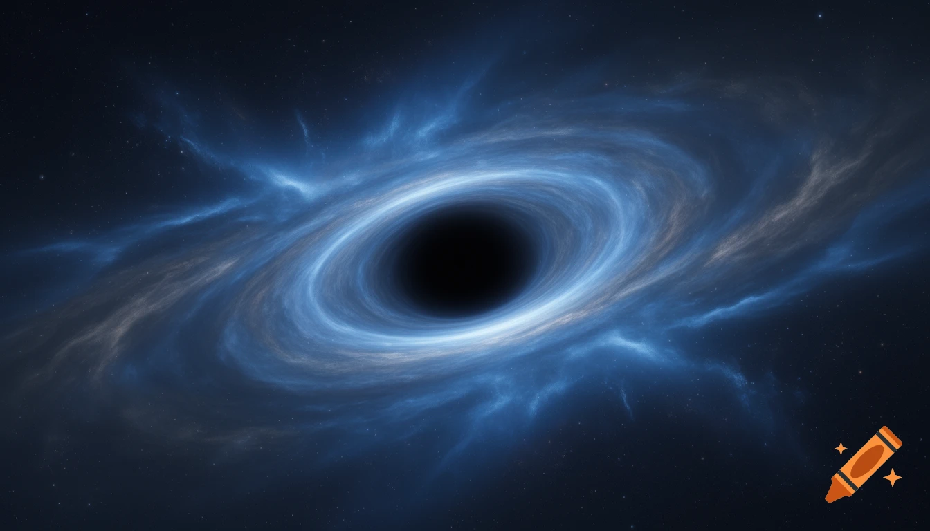A black hole surrounded by swirling blue and white nebulous clouds against a starry dark blue space background.