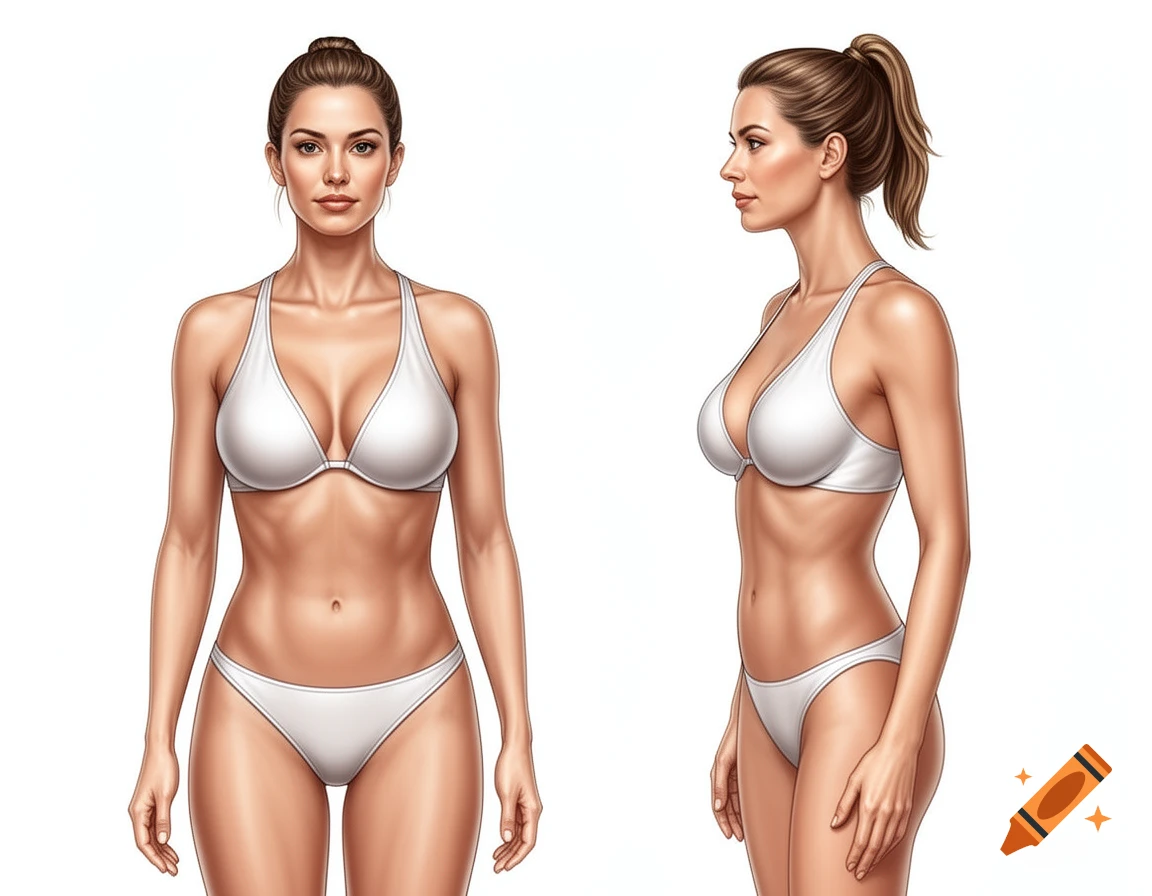 Medical illustration of a woman in a white bikini, showing front and side views against a white background.