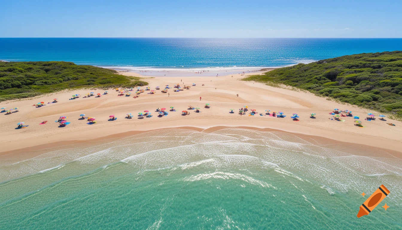 Aerial view of a sunny beach with many colorful umbrellas and sunbathers, flanked by green hills, meeting a turquoise ocean.