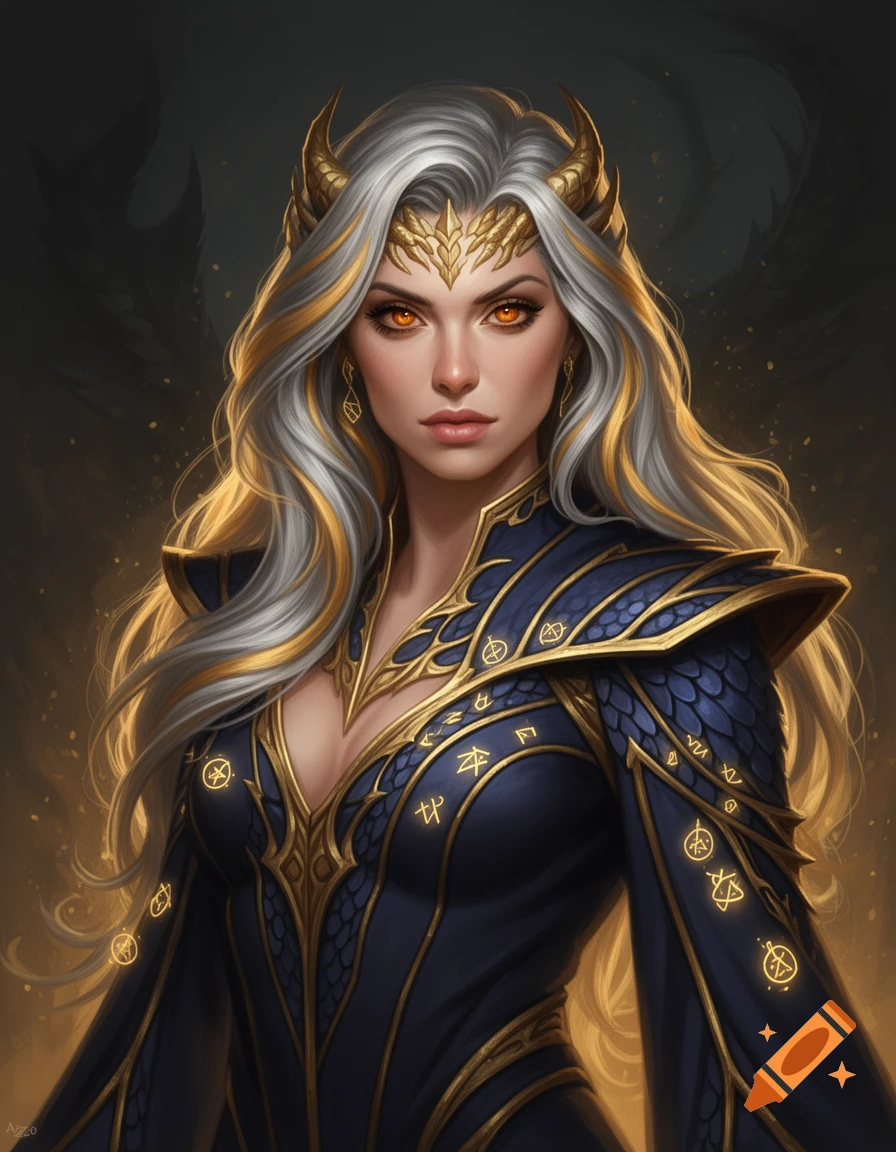A fantasy portrait of a female dragon sorcerer with silver-gold hair and amber eyes, wearing a dark blue and gold robe with glowing magical runes.