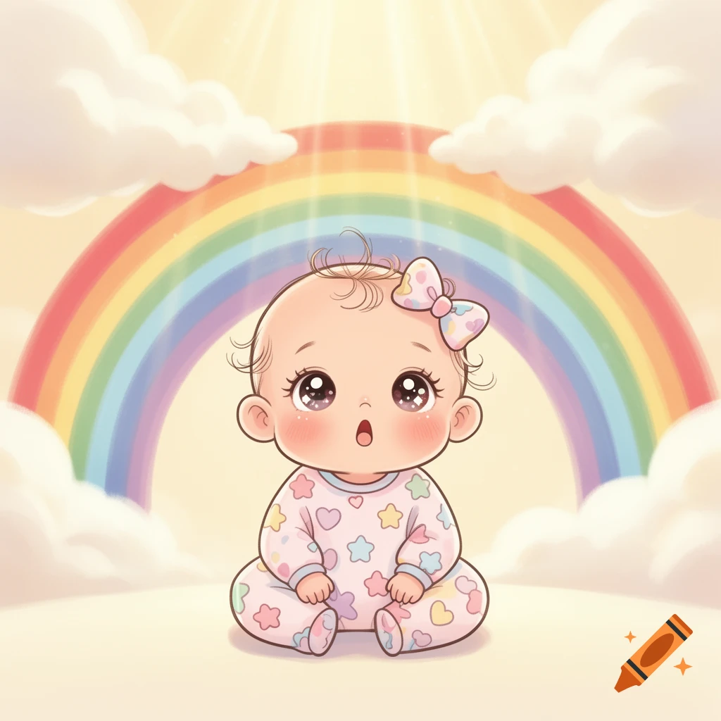 A cute kawaii cartoon baby sits in front of a colorful rainbow and clouds, looking forward with wide eyes.