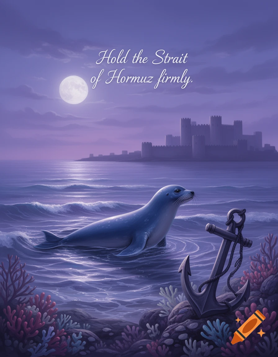 A blue seal in purple moonlit water with an anchor, coral, a distant castle, and text 'Hold the Strait of Hormuz firmly'.