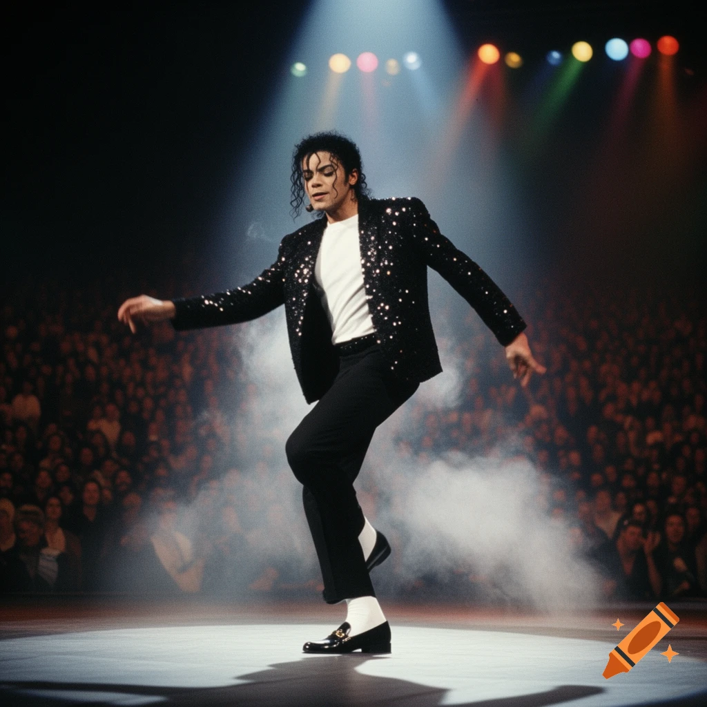 Michael Jackson in a sequined jacket and black pants performing on a smoky stage under spotlights with a crowd in the background.